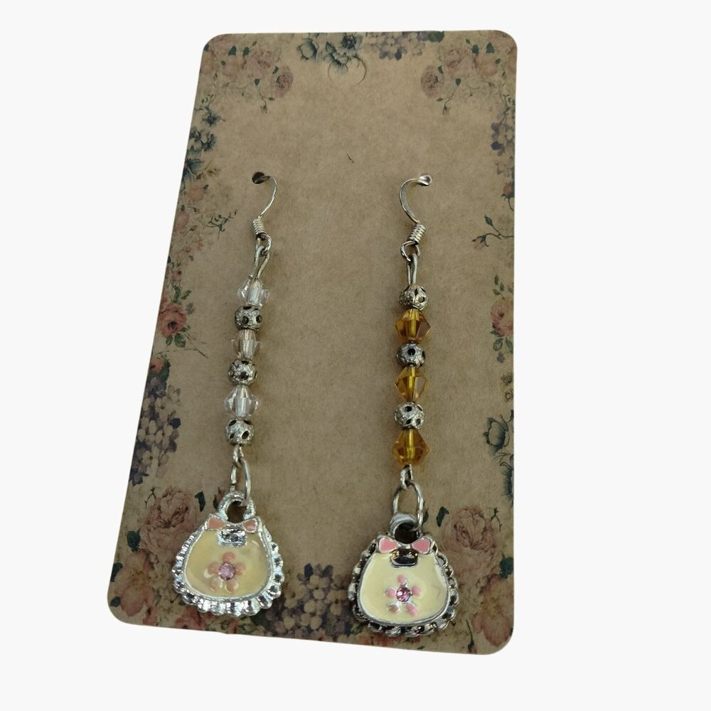 Daisy Purse Drop Earrings Floral Pocketbook Yellow Pink Bohemian Unique